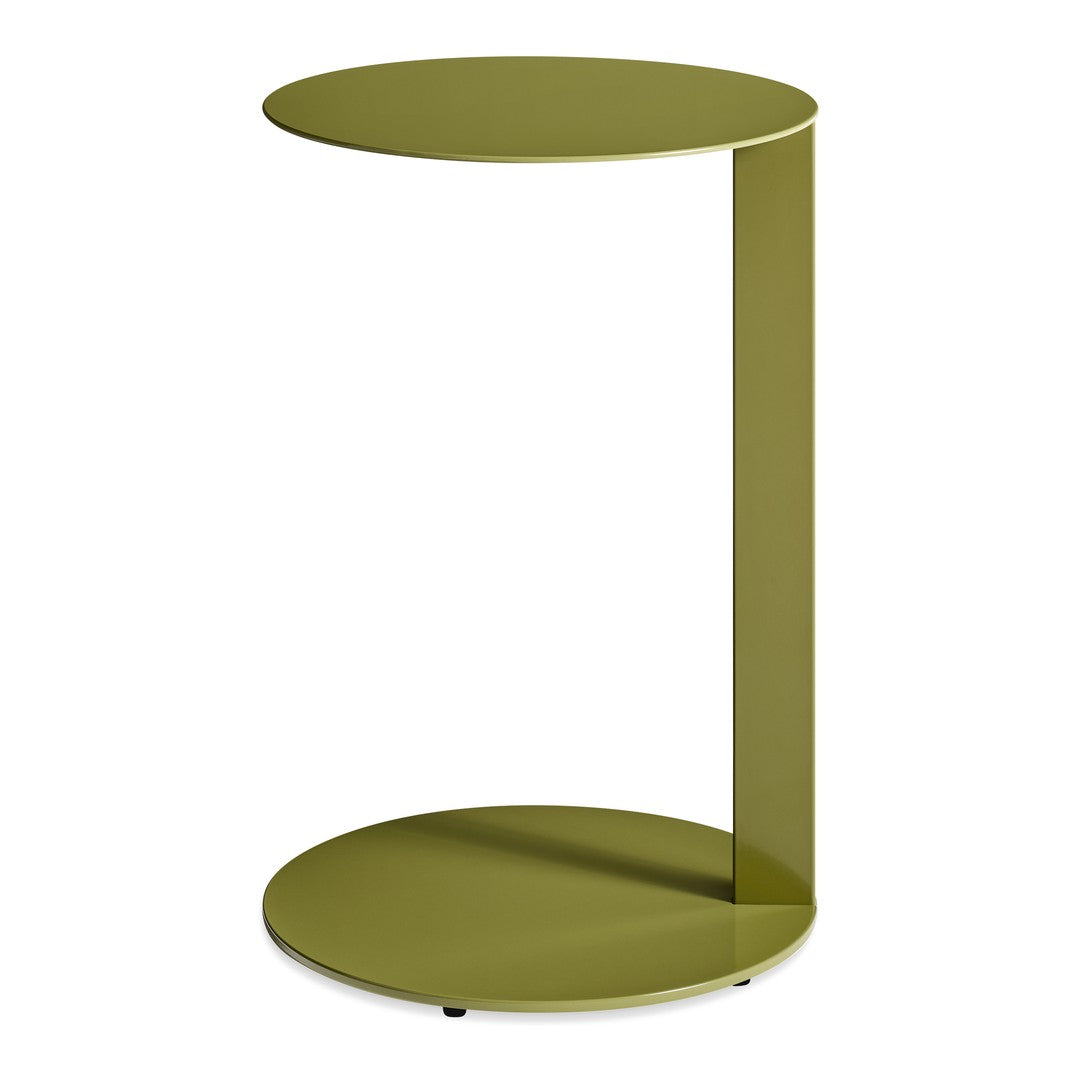 Olive green modern side table with sleek circular top and base, featuring a minimalist design.