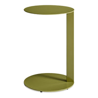 Olive green modern side table with sleek circular top and base, featuring a minimalist design.
