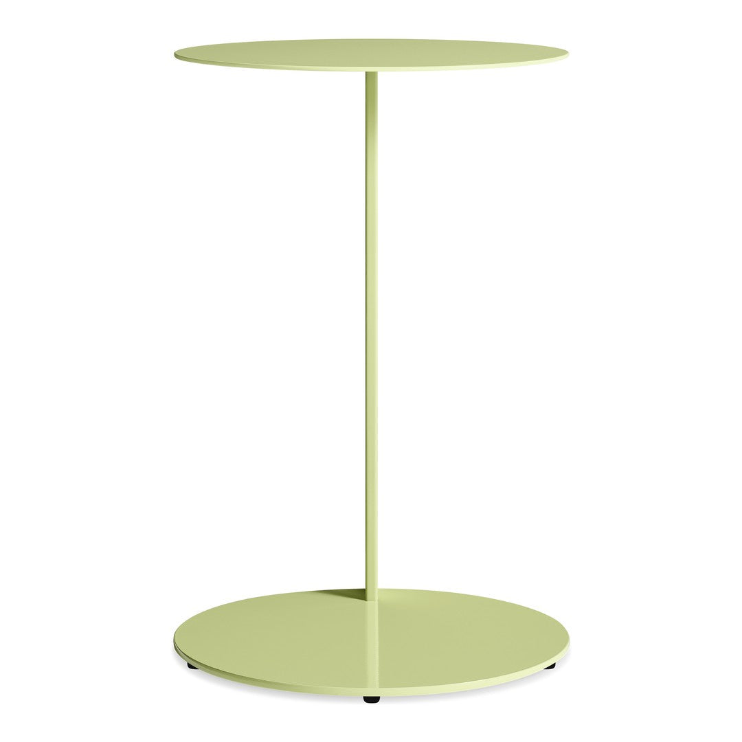 Lime green metal side table with a sleek circular top and base, perfect for modern decor.