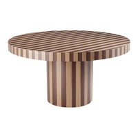 Round striped table in varying shades of brown, featuring a unique pattern of horizontal and vertical stripes.