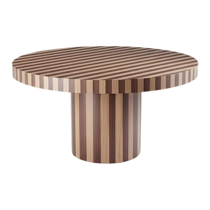 Round striped table in varying shades of brown, featuring a unique pattern of horizontal and vertical stripes.
