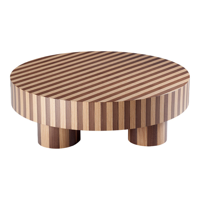 Round wooden coffee table with alternating brown and tan striped pattern and cylindrical legs.
