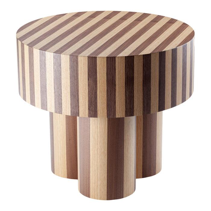 Round wooden table with alternating dark and light striped patterns in a natural wood finish. Unique modern design.