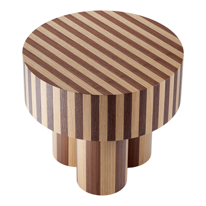 Round table with alternating dark and light wood stripes, featuring a smooth cylindrical base. Perfect for modern decor.