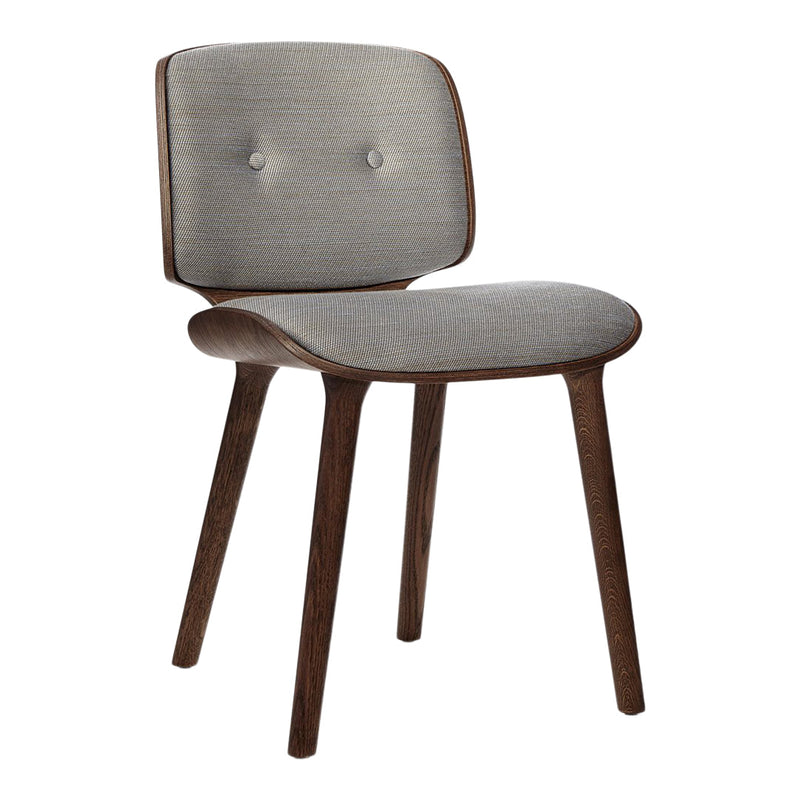 Gray upholstered chair with a smooth texture, featuring a subtle striped pattern and dark wood legs.