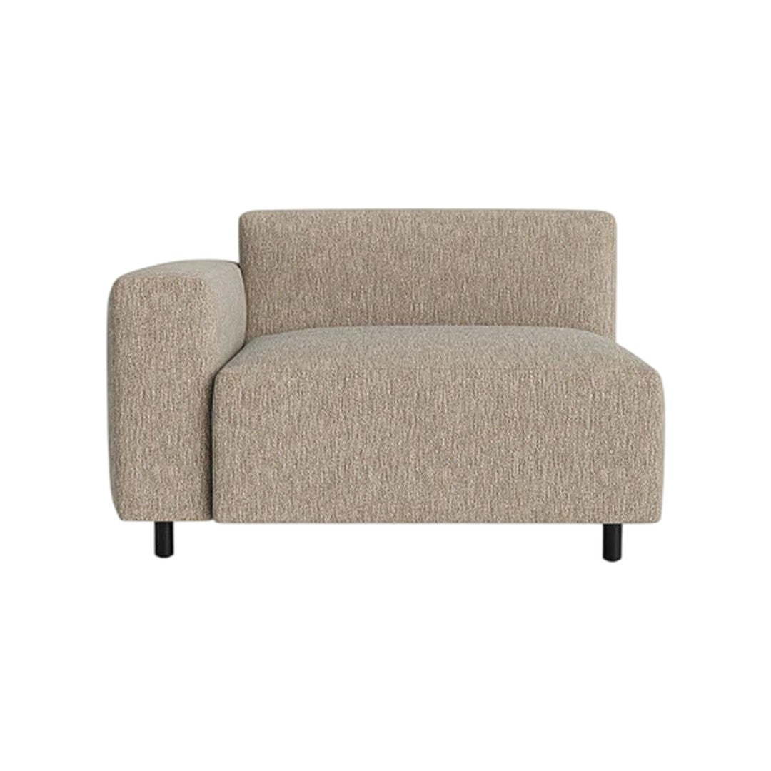 Beige upholstered armchair with textured fabric and minimalist design. Perfect for modern living spaces.