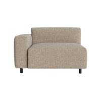 Beige upholstered armchair with textured fabric and minimalist design. Perfect for modern living spaces.