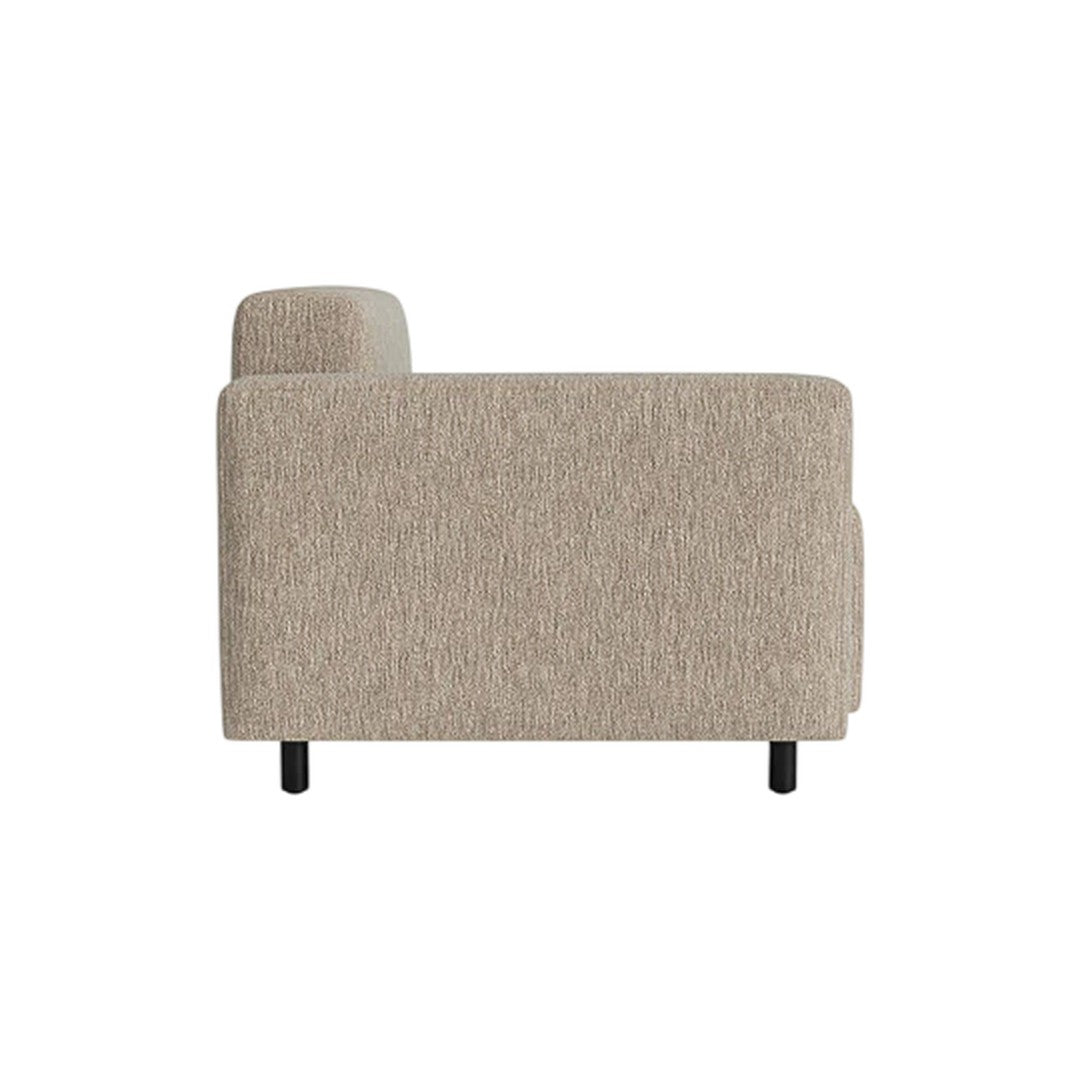 Beige textured fabric sofa with a subtle woven pattern and black wooden legs.