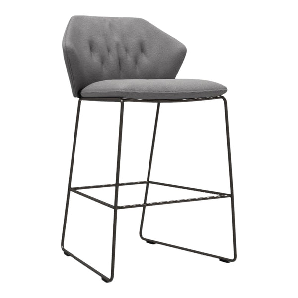 Gray tufted bar stool with a sleek black metal frame and modern design, perfect for contemporary interiors.