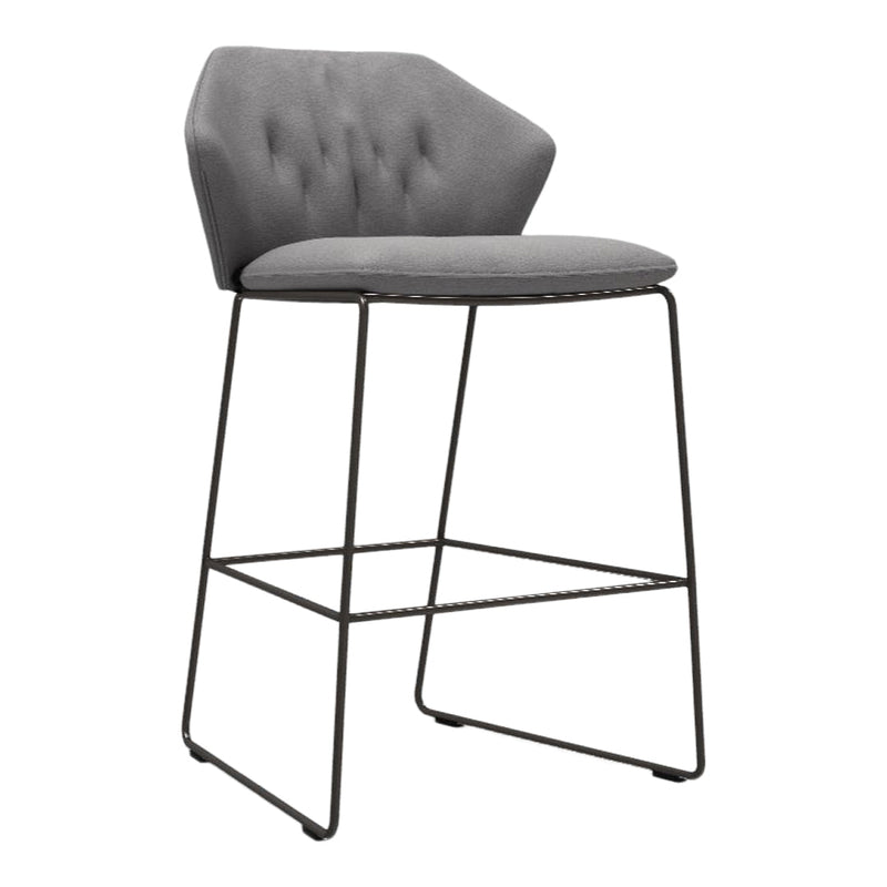 Gray tufted bar stool with a sleek black metal frame and modern design, perfect for contemporary interiors.
