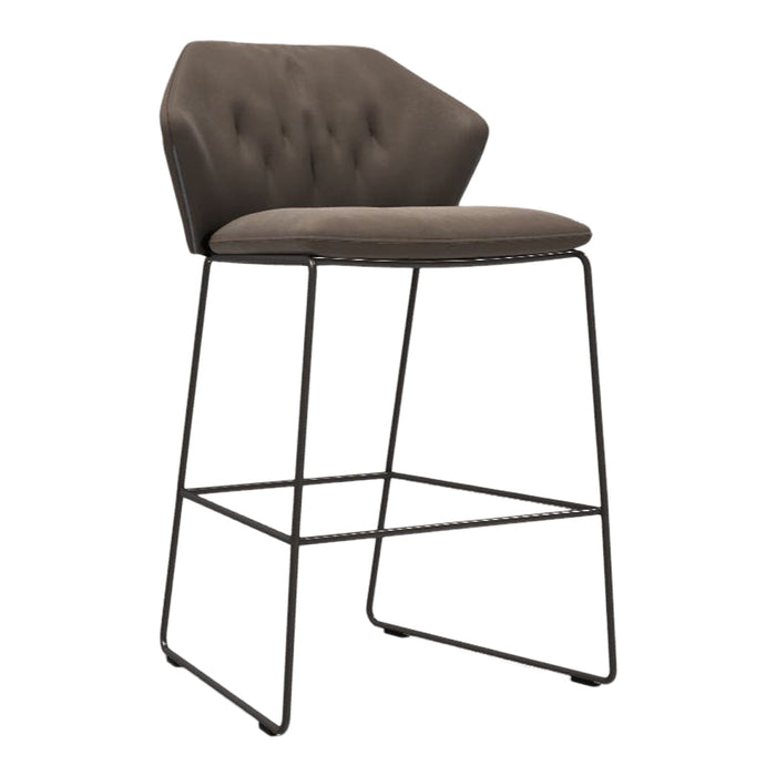 Brown upholstered bar stool with tufted back and black metal frame. Modern design for stylish interiors.