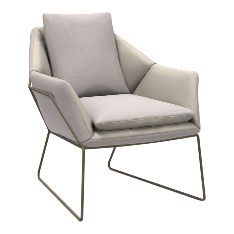 Light gray armchair with smooth fabric and minimalist design, featuring a gold metal frame for a modern touch.