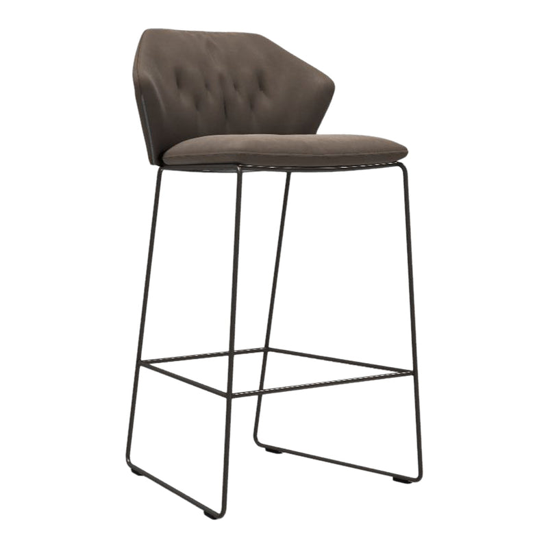 Brown upholstered bar stool with a tufted backrest and sleek black metal legs. Perfect for modern interiors.