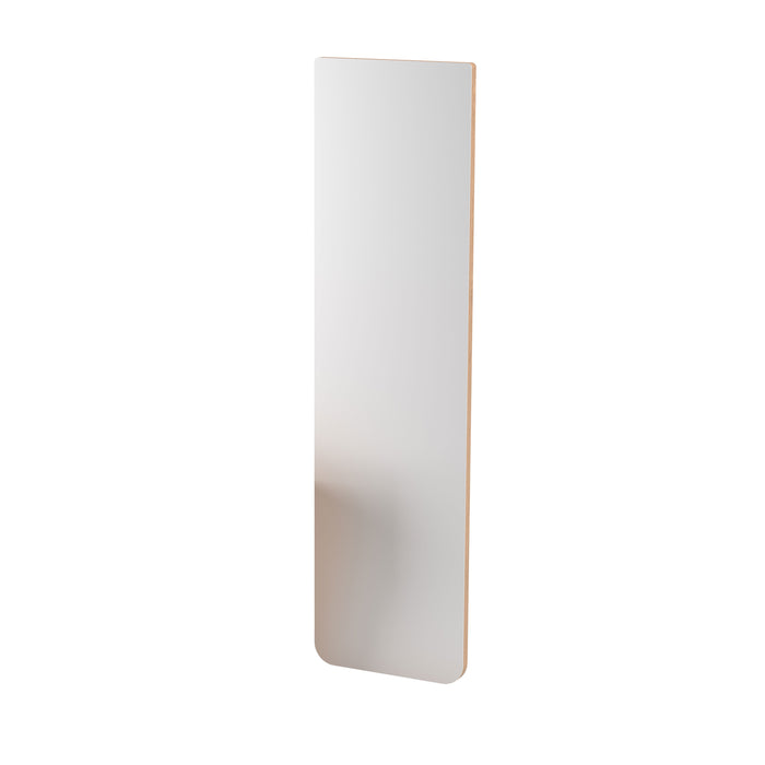 Slim vertical mirror with a smooth white surface and natural wood trim. Minimalist design complements any decor.