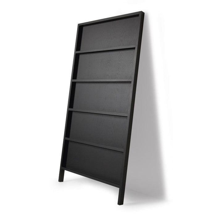 Stylish black bookshelf with smooth, matte finish and minimalist design, featuring five spacious shelves.