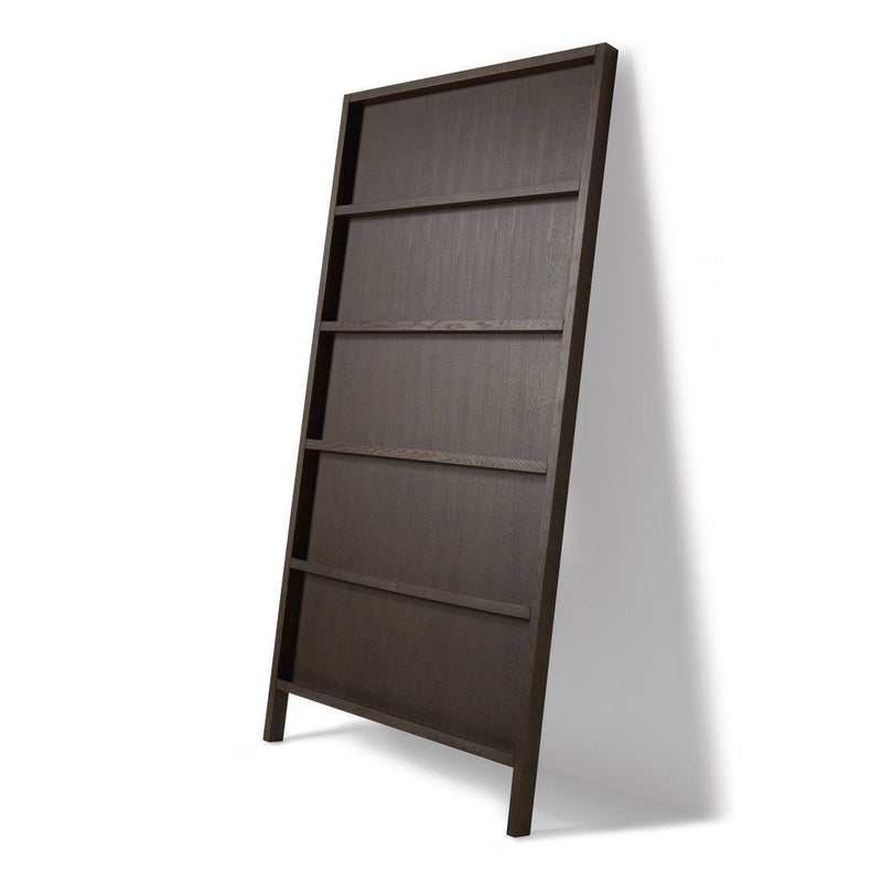 Dark brown wooden bookshelf with sleek lines and a smooth, slatted texture; modern design perfect for any decor.