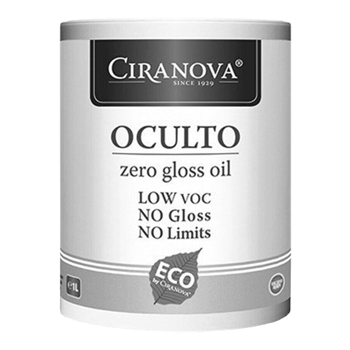 Ciranova Oculto zero gloss oil can in sleek white and gray design with minimalistic text layout. Eco-friendly packaging.