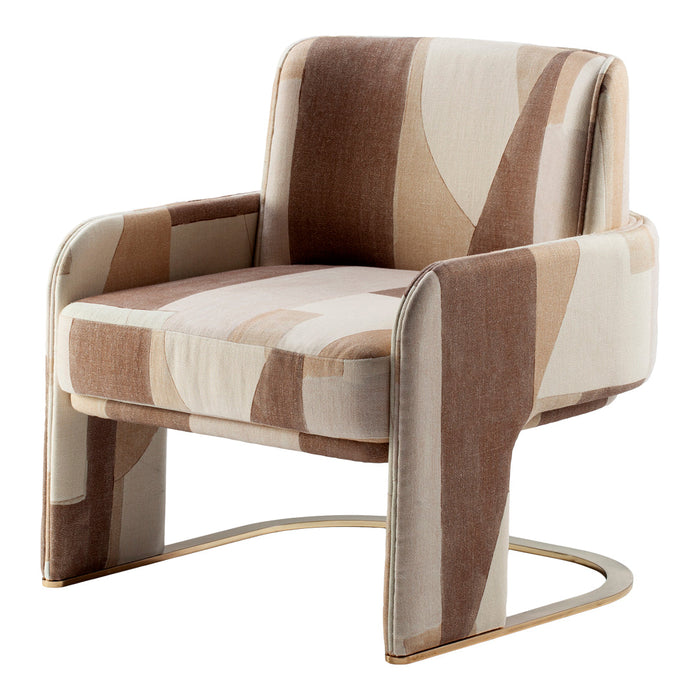 "Modern chair with abstract beige, cream, and brown patterns over plush upholstery."