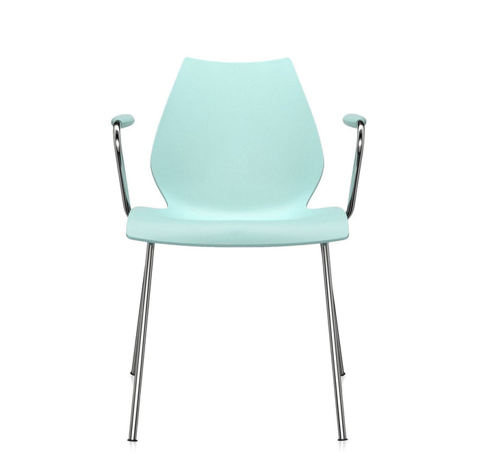 Aqua blue chair with sleek chrome legs and armrests, featuring a smooth, modern design. Suitable for various decor styles.