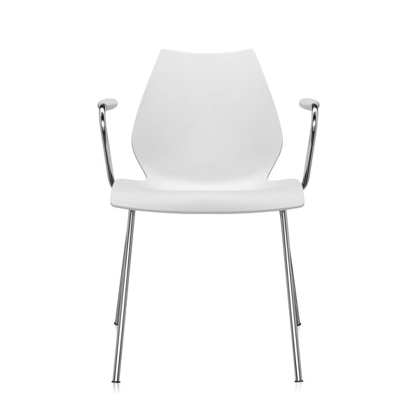 Sleek white modern chair with chrome arms and legs, perfect for contemporary decor.