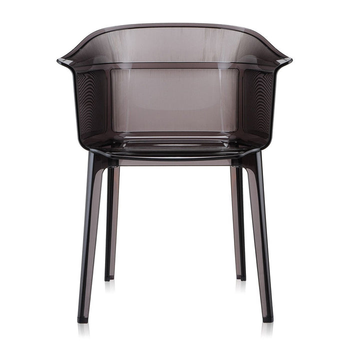 "Transparent smoke gray chair with a modern design and sleek, minimalist aesthetic."