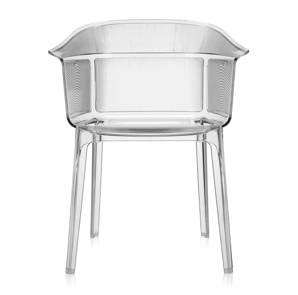 Transparent clear chair with a sleek, modern design and subtle perforated detailing. Perfect for stylish decor.
