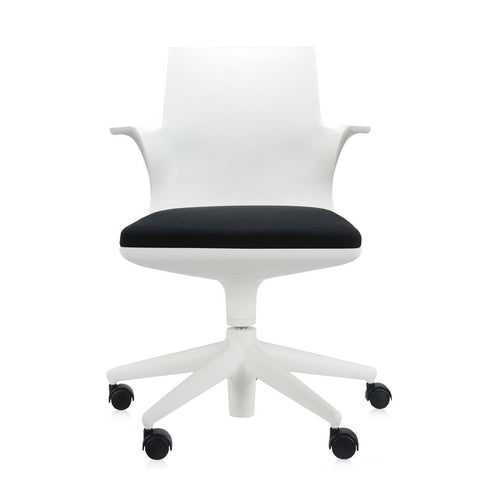 Modern white office chair with a sleek black seat cushion and a minimalist design, perfect for any workspace.
