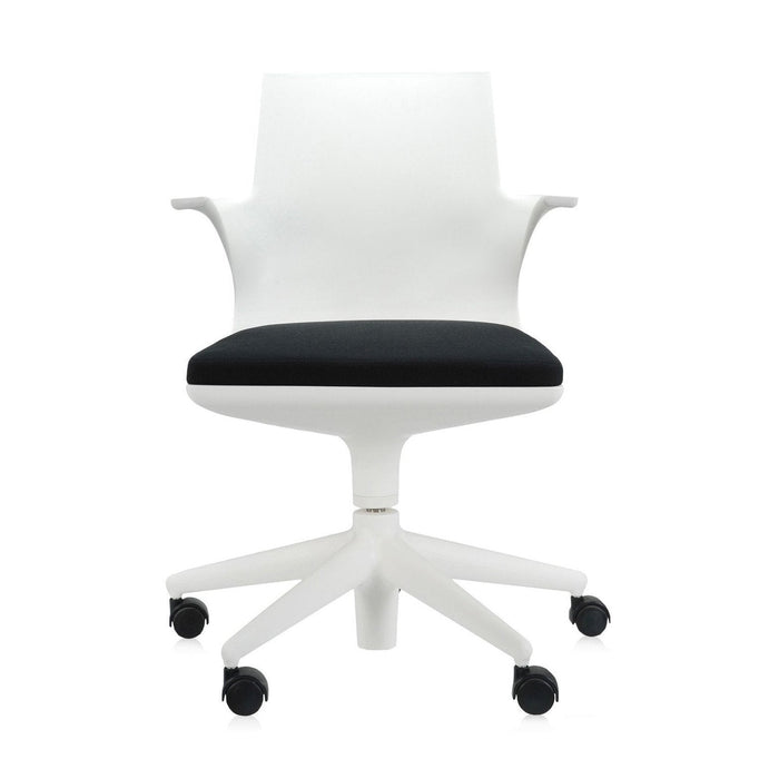 Modern white office chair with a sleek black seat cushion and a minimalist design, perfect for any workspace.