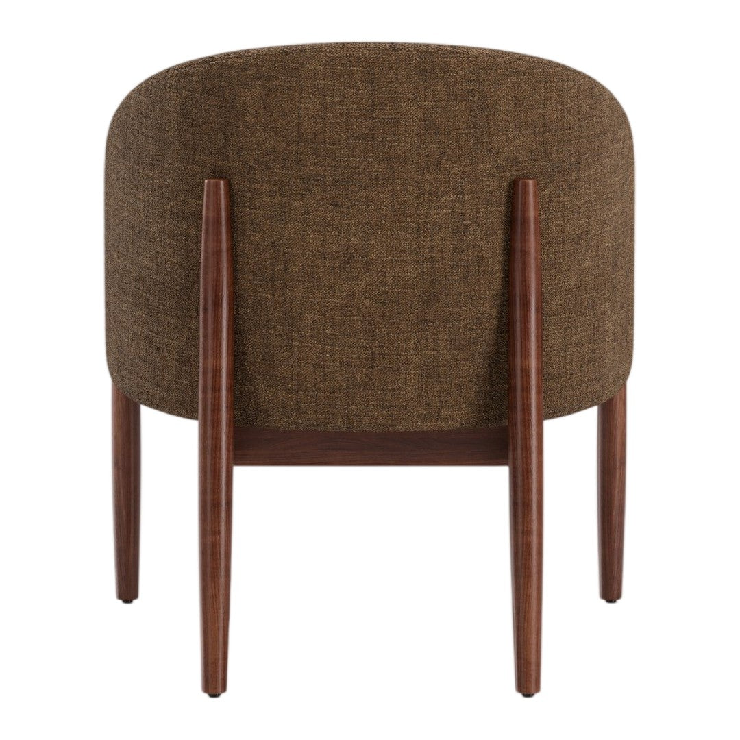 Round brown upholstered stool with a textured pattern and contrasting wooden legs. Ideal for modern interiors.