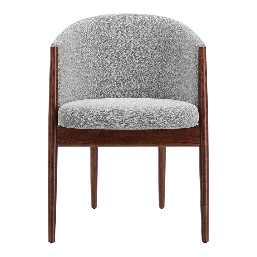 Modern gray upholstered chair with a smooth texture and warm wooden legs, featuring a minimalist design.
