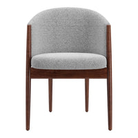 Modern gray upholstered chair with a smooth texture and warm wooden legs, featuring a minimalist design.