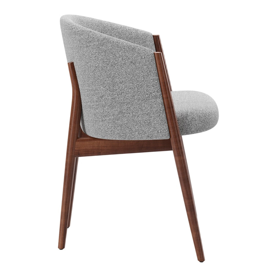 Gray upholstered chair with a smooth texture and a rich walnut wooden frame, showcasing a modern design.