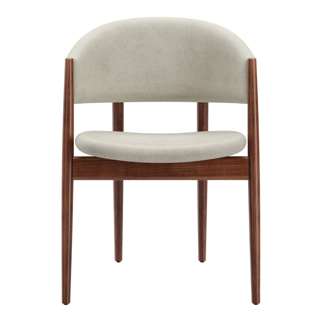 Light gray upholstered chair with a smooth, curved back and rich wooden legs, showcasing a minimalist design.