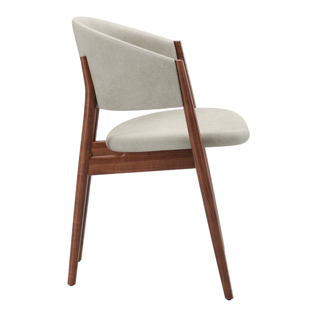 Stylish light gray upholstered chair with a warm wooden frame, sleek lines, and minimalistic design. Perfect for modern decor.