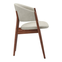 Stylish light gray upholstered chair with a warm wooden frame, sleek lines, and minimalistic design. Perfect for modern decor.