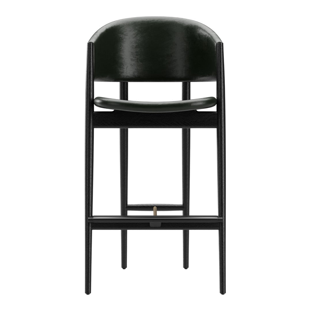Sleek black bar stool with a matte finish and a minimalist design, featuring a simple rounded backrest.