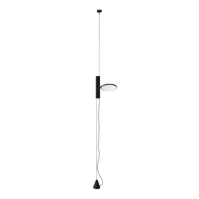 Minimalist black and white pendant light with sleek linear design and smooth, circular shade. Perfect for modern decor.