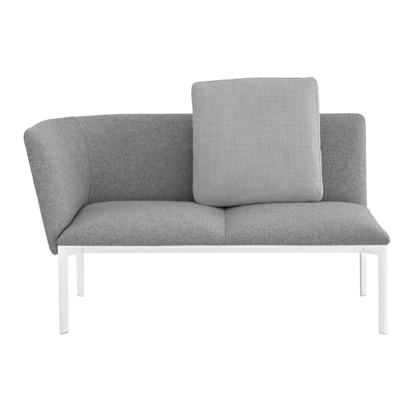 Gray upholstered sofa with minimalist design and a matching plush cushion on a sleek white metal frame.