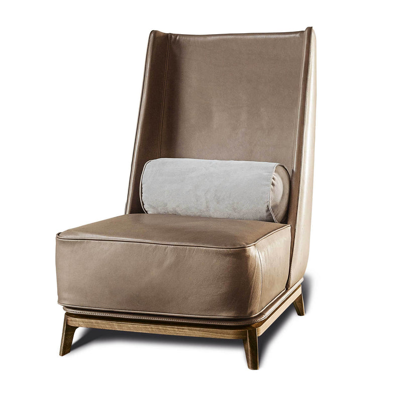 Elegant beige armchair with smooth texture and a plush white cushion. Modern design with clean lines and wooden legs.