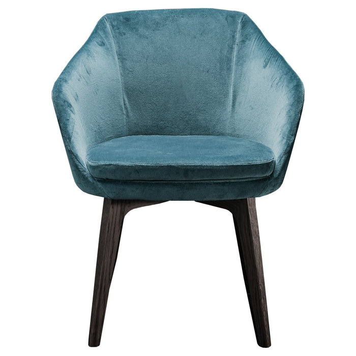 Stylish teal velvet armchair with a modern design and dark wooden legs, perfect for contemporary decor.