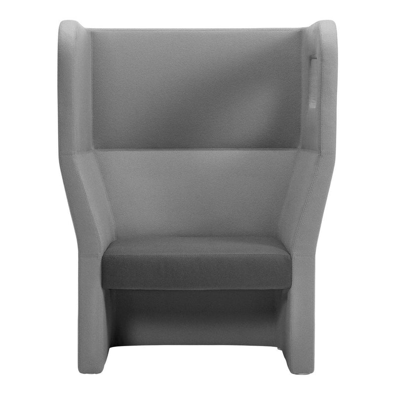 Gray wingback chair with a minimalist design, featuring smooth, solid fabric and a contemporary aesthetic.