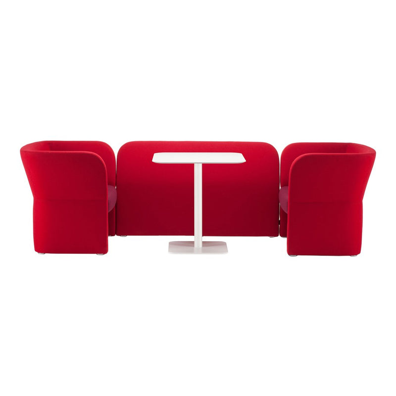 Bright red modern sofa set with smooth, curved lines and a white table, perfect for contemporary spaces.