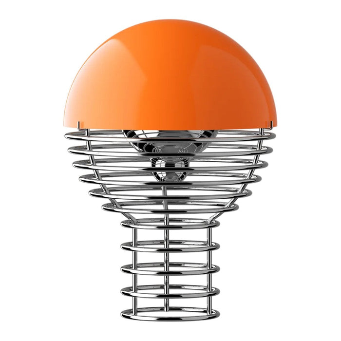 Orange dome lamp with a sleek chrome wire base, featuring a modern design and vibrant color contrast.