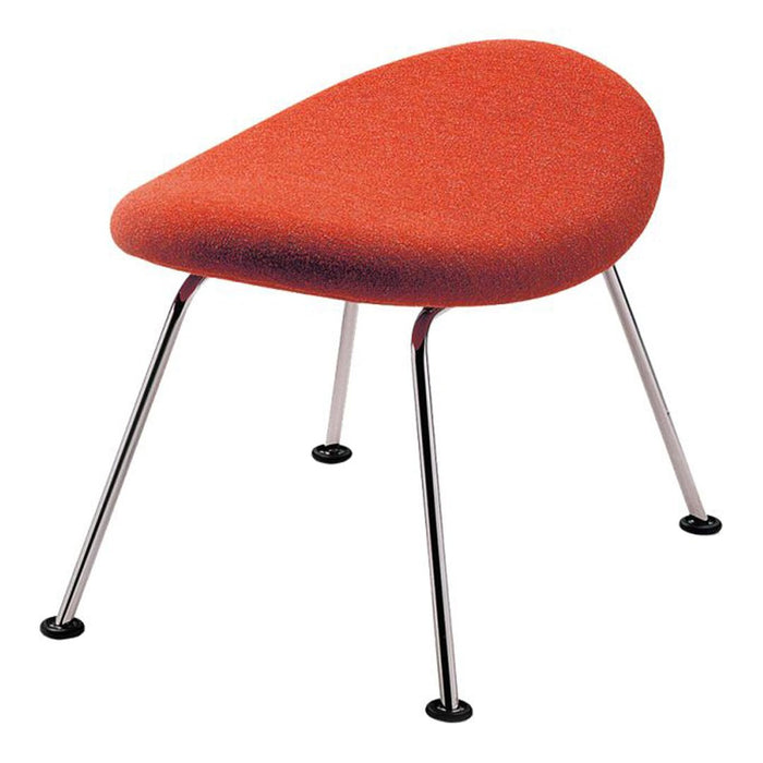 Orange textured chair with a sleek chrome frame and black rubber feet, featuring a unique teardrop shape.