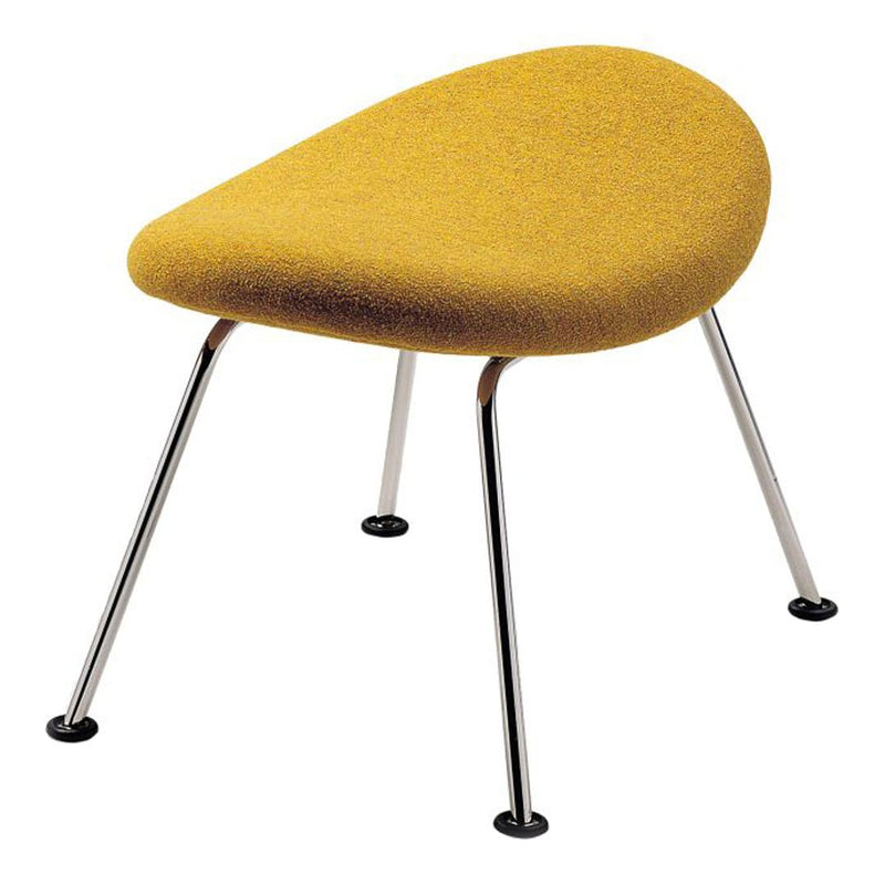 Yellow upholstered chair with a modern teardrop shape and sleek chrome legs, perfect for stylish decor.