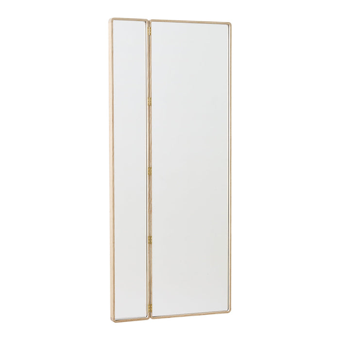 Full-length mirrored cabinet with a sleek gold frame and a minimalist design, featuring a simple white mirror surface.