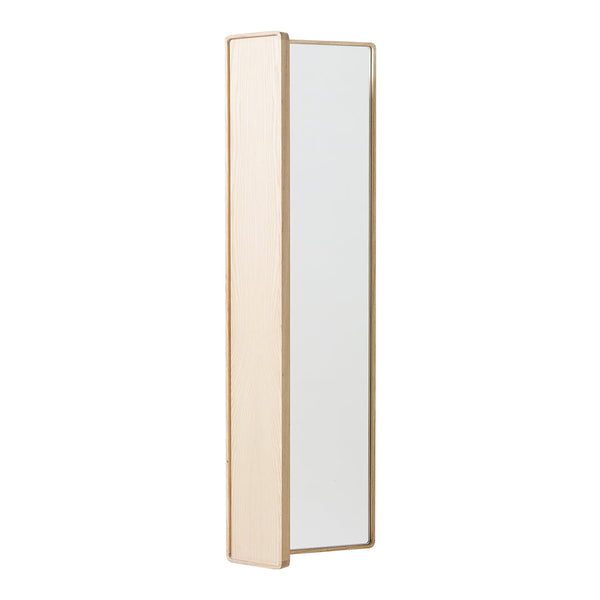 Tall, slim mirror with a natural wood frame and a sleek, minimalist design, perfect for modern decor.