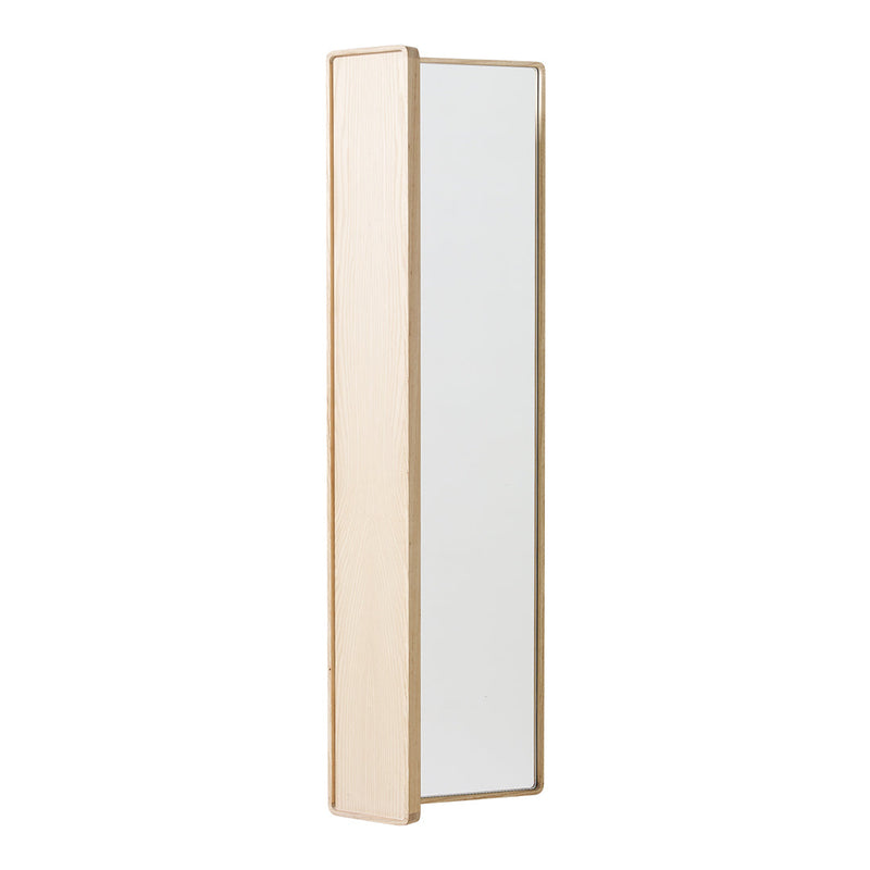 Tall, slim mirror with a natural wood frame and a sleek, minimalist design, perfect for modern decor.