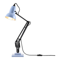 Blue desk lamp with a sleek black arm and patterned cord, featuring a modern design and contrasting light shade.