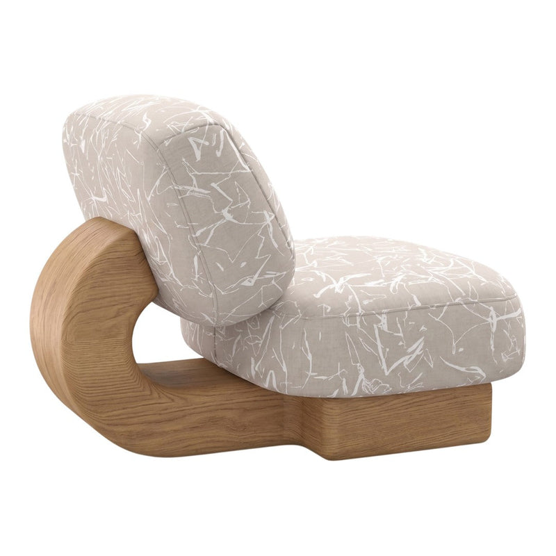 Light beige chair with abstract white pattern on plush upholstery and a natural wood base. Modern design.